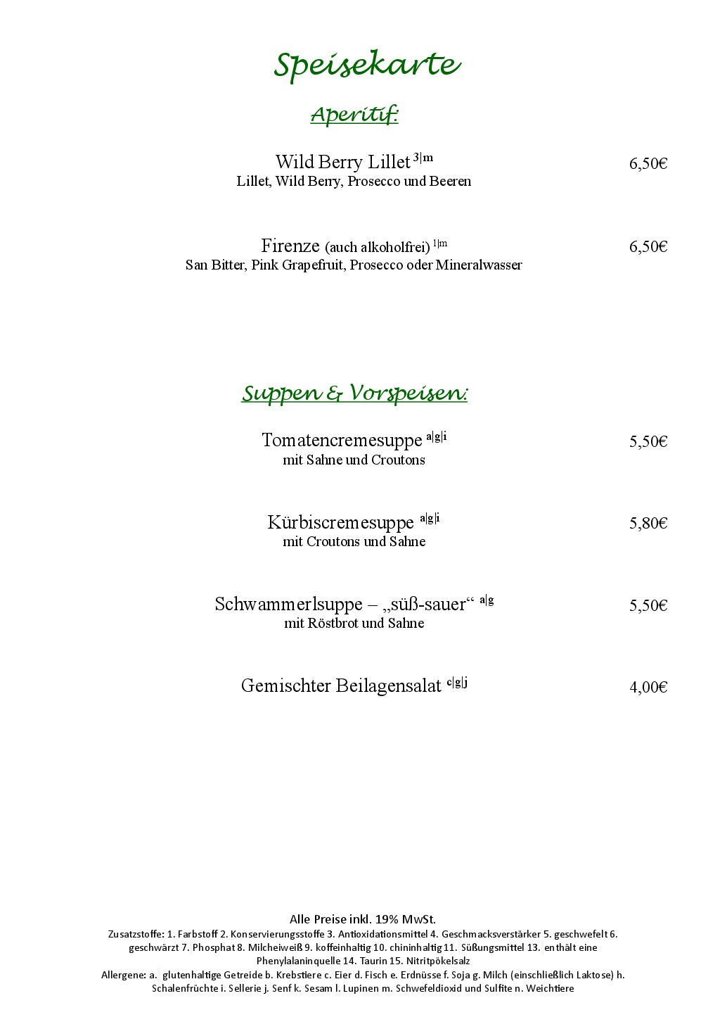 Goldener Hirsch Abendkarte Seite 1