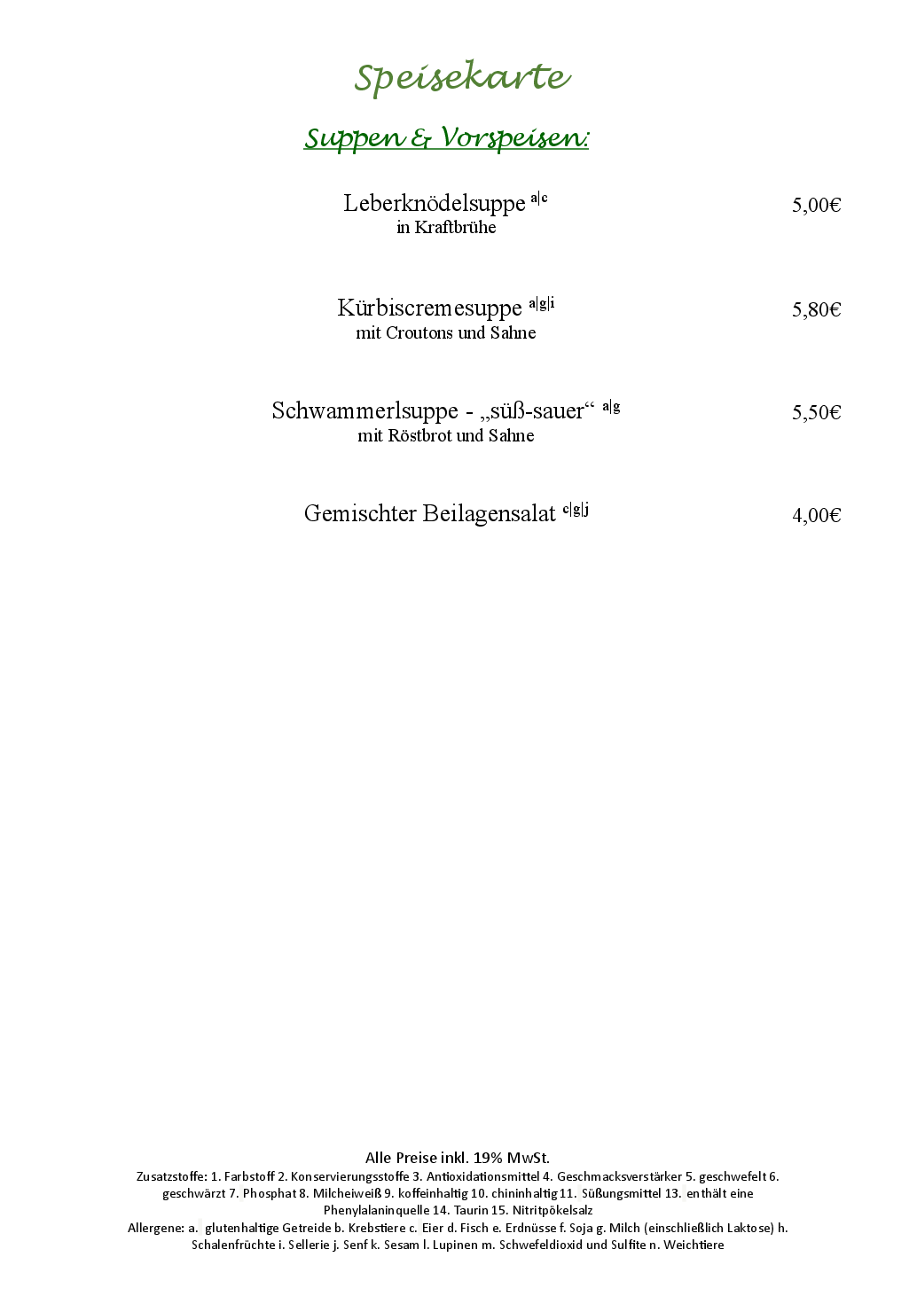 Goldener Hirsch Mittagskarte Seite 1